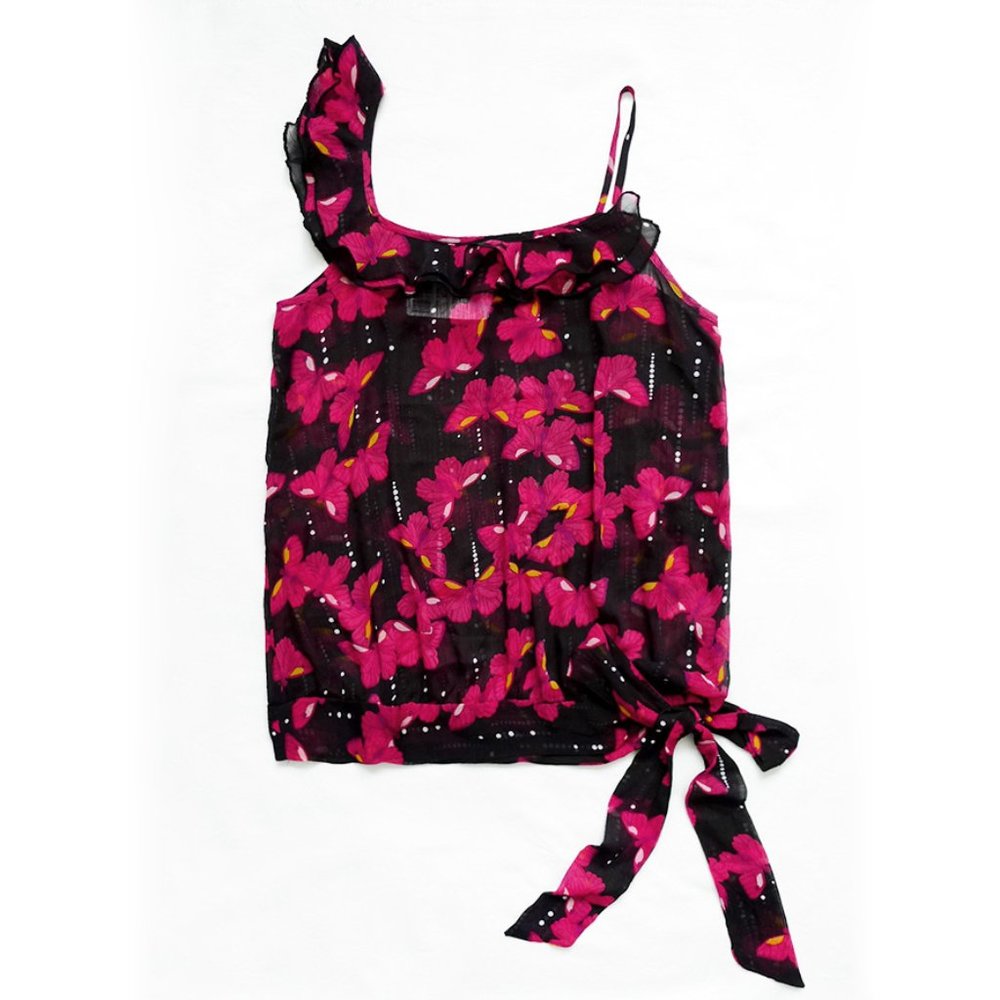 Semi-Sheer Butterflies Ruffle Trim Tie Hem Top S